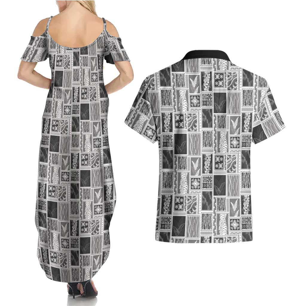 Vintage Aloha Block Quilt Couples Matching Summer Maxi Dress and Hawaiian Shirt Black Inspired Lei Motifs LT9 - Polynesian Pride
