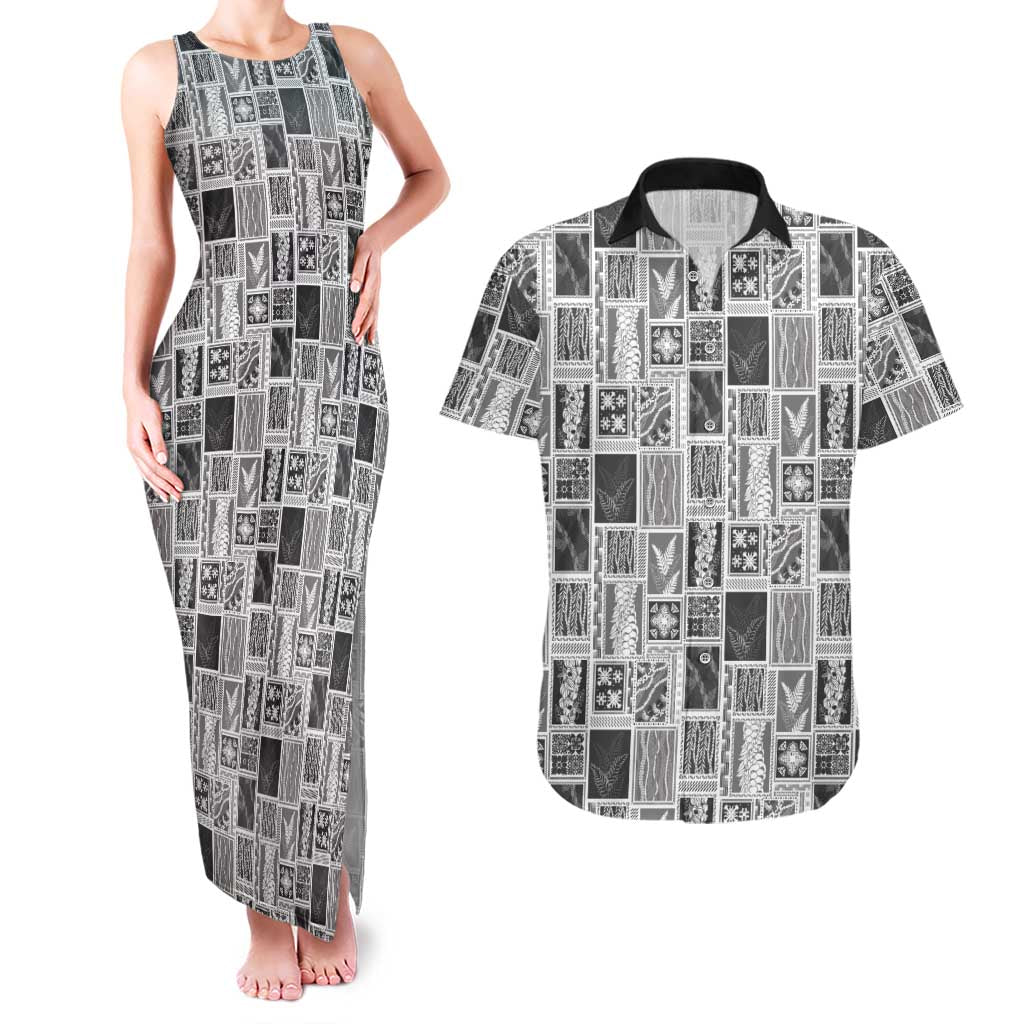 Vintage Aloha Block Quilt Couples Matching Tank Maxi Dress and Hawaiian Shirt Black Inspired Lei Motifs - Polynesian Pride