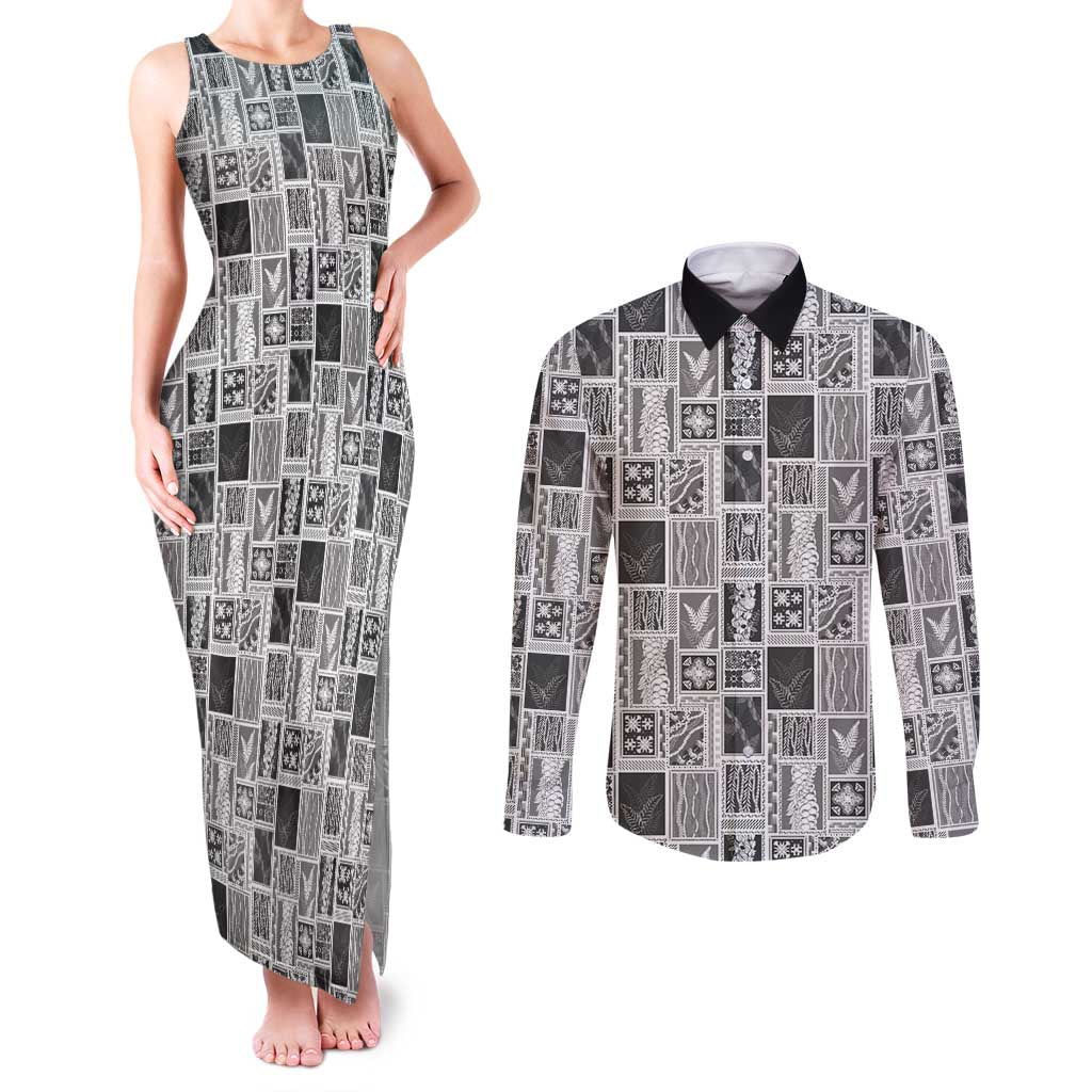 Vintage Aloha Block Quilt Couples Matching Tank Maxi Dress and Long Sleeve Button Shirt Black Inspired Lei Motifs - Polynesian Pride