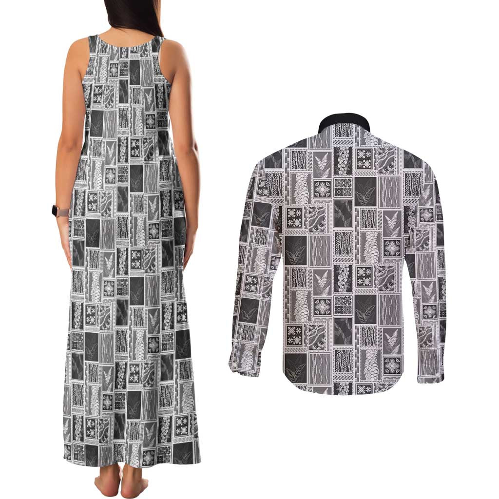 Vintage Aloha Block Quilt Couples Matching Tank Maxi Dress and Long Sleeve Button Shirt Black Inspired Lei Motifs LT9 - Polynesian Pride