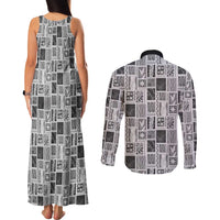 Vintage Aloha Block Quilt Couples Matching Tank Maxi Dress and Long Sleeve Button Shirt Black Inspired Lei Motifs LT9 - Polynesian Pride