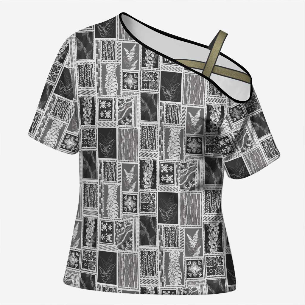 Vintage Aloha Block Quilt Cross Shoulder Shirt Black Inspired Lei Motifs - Polynesian Pride