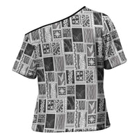 Vintage Aloha Block Quilt Cross Shoulder Shirt Black Inspired Lei Motifs - Polynesian Pride