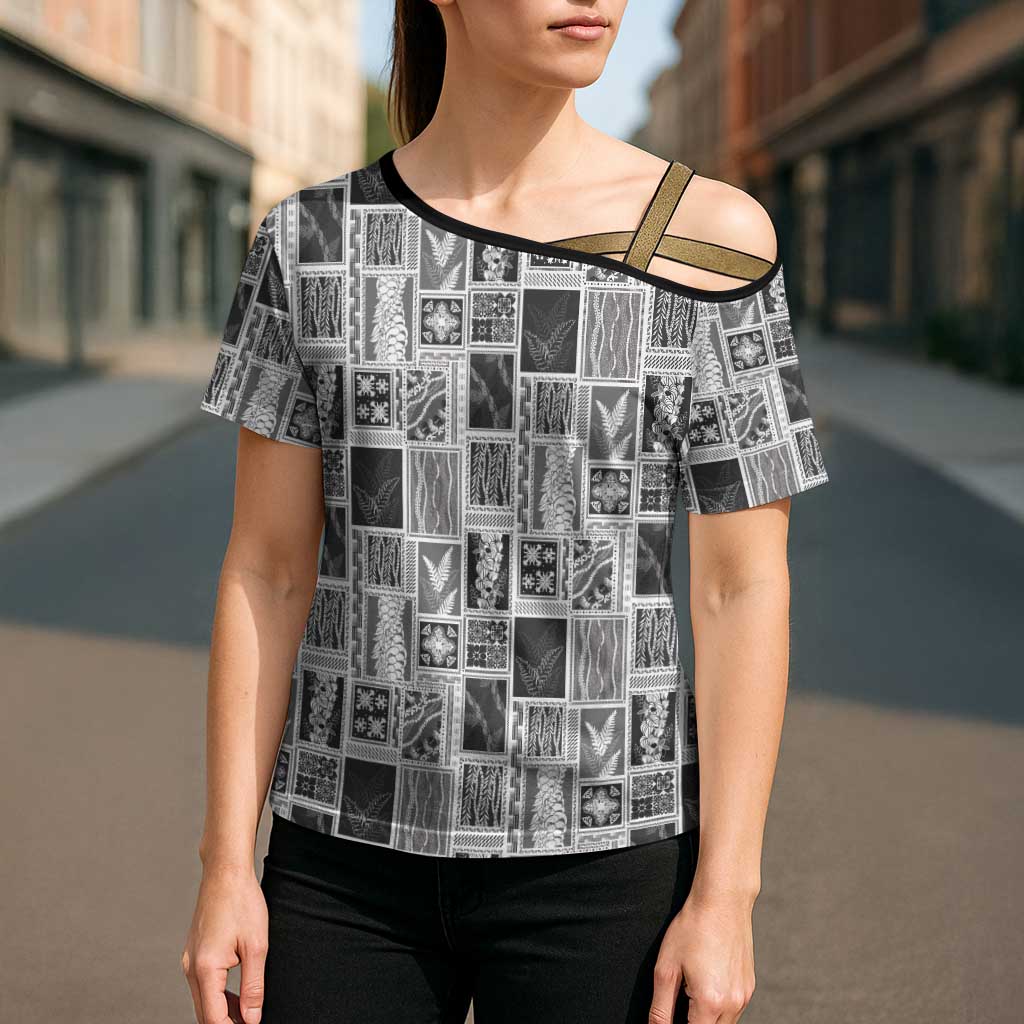 Vintage Aloha Block Quilt Cross Shoulder Shirt Black Inspired Lei Motifs - Polynesian Pride