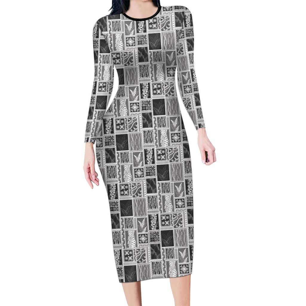 Vintage Aloha Block Quilt Family Matching Long Sleeve Bodycon Dress and Hawaiian Shirt Black Inspired Lei Motifs LT9 Mom's Dress Black - Polynesian Pride