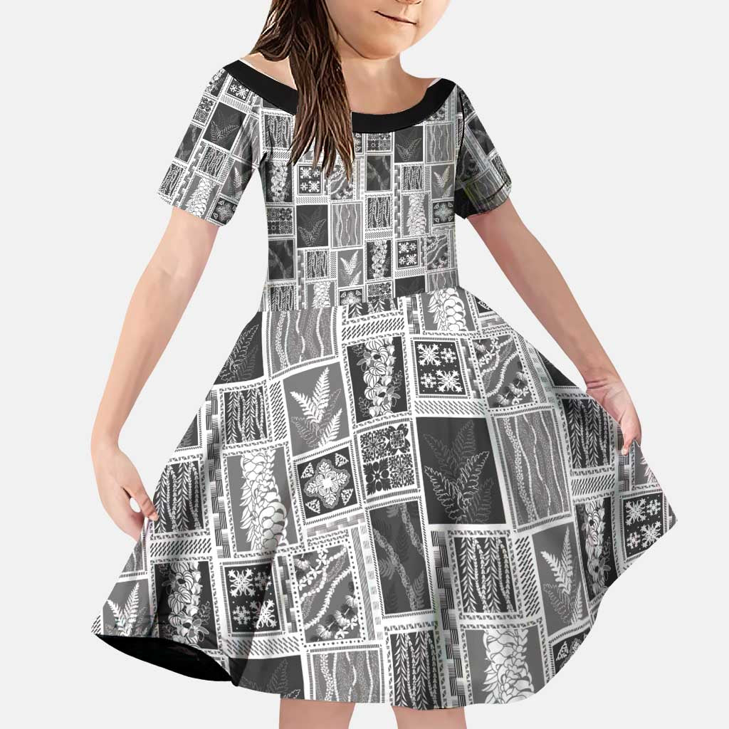 Vintage Aloha Block Quilt Family Matching Mermaid Dress and Hawaiian Shirt Black Inspired Lei Motifs LT9 Daughter's Dress Black - Polynesian Pride