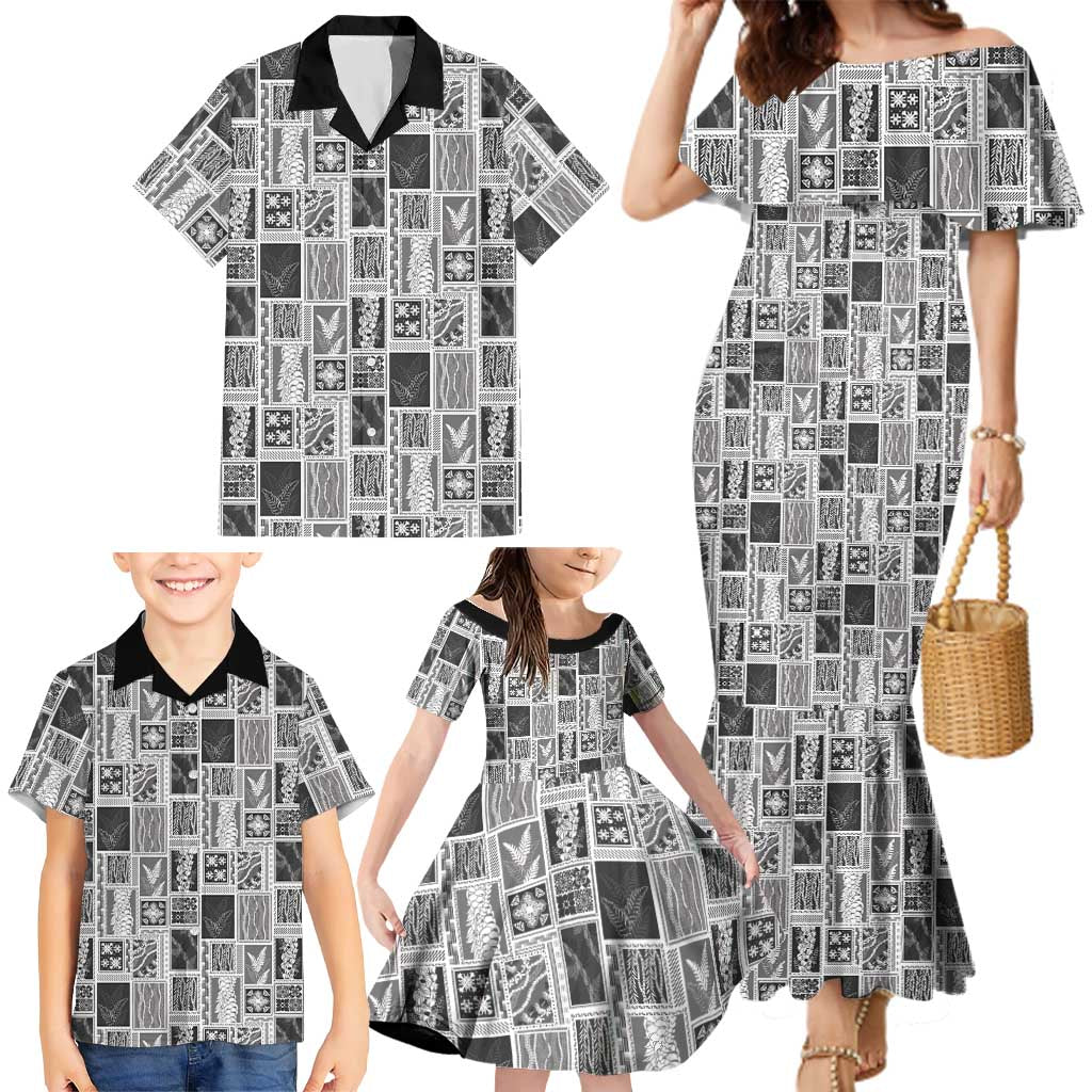 Vintage Aloha Block Quilt Family Matching Mermaid Dress and Hawaiian Shirt Black Inspired Lei Motifs - Polynesian Pride