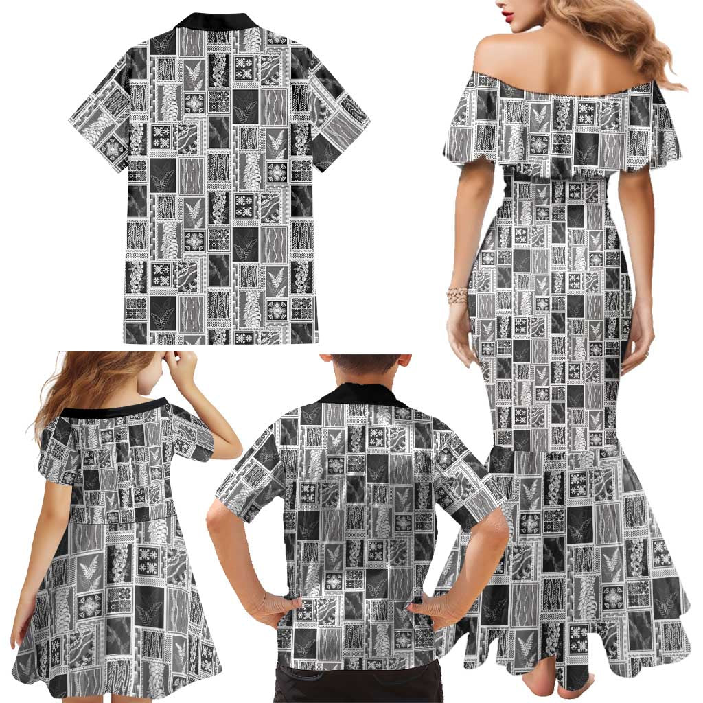 Vintage Aloha Block Quilt Family Matching Mermaid Dress and Hawaiian Shirt Black Inspired Lei Motifs LT9 - Polynesian Pride