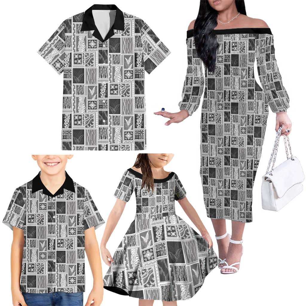 Vintage Aloha Block Quilt Family Matching Off The Shoulder Long Sleeve Dress and Hawaiian Shirt Black Inspired Lei Motifs LT9 - Polynesian Pride