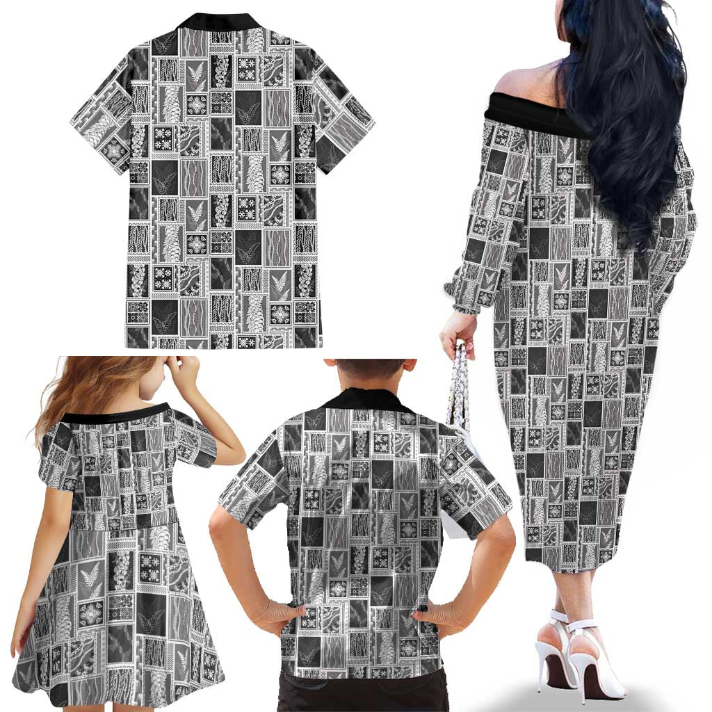 Vintage Aloha Block Quilt Family Matching Off The Shoulder Long Sleeve Dress and Hawaiian Shirt Black Inspired Lei Motifs LT9 - Polynesian Pride