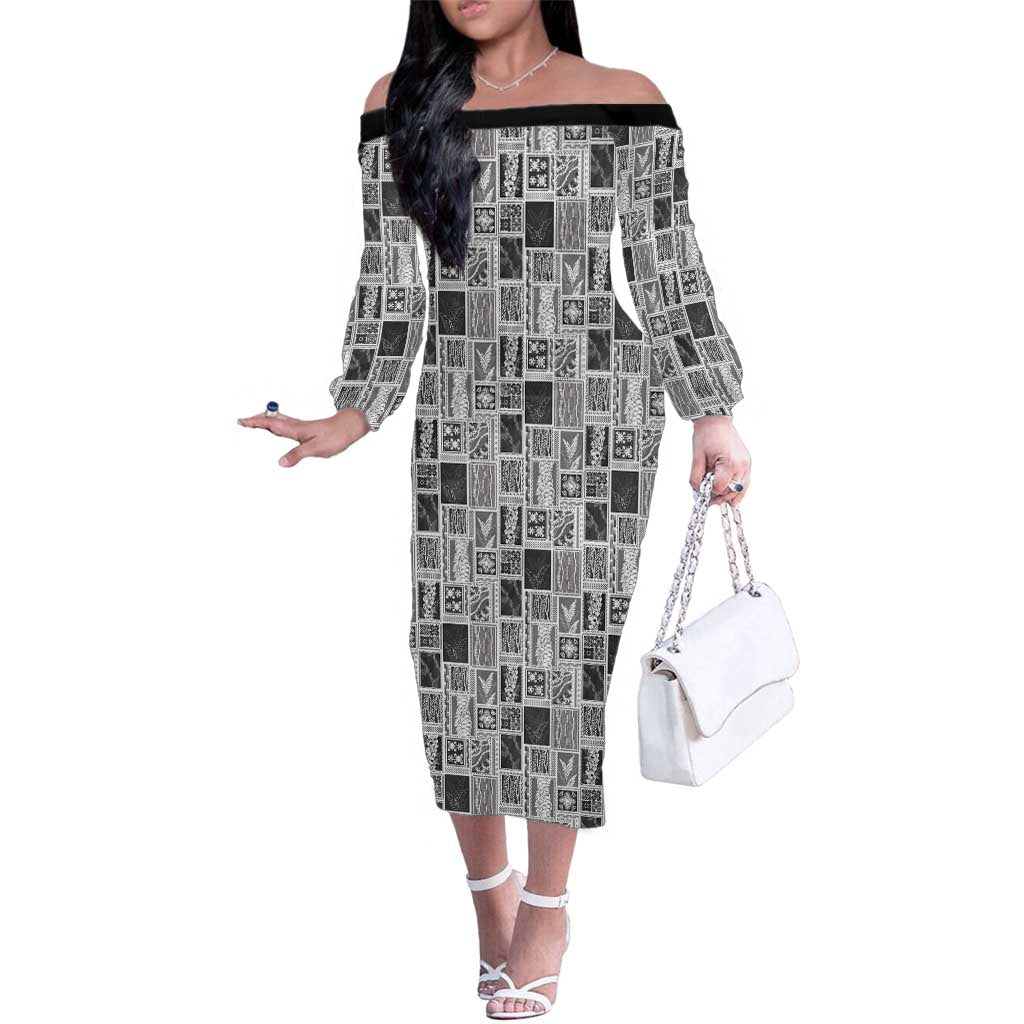 Vintage Aloha Block Quilt Family Matching Off The Shoulder Long Sleeve Dress and Hawaiian Shirt Black Inspired Lei Motifs LT9 Mom's Dress Black - Polynesian Pride