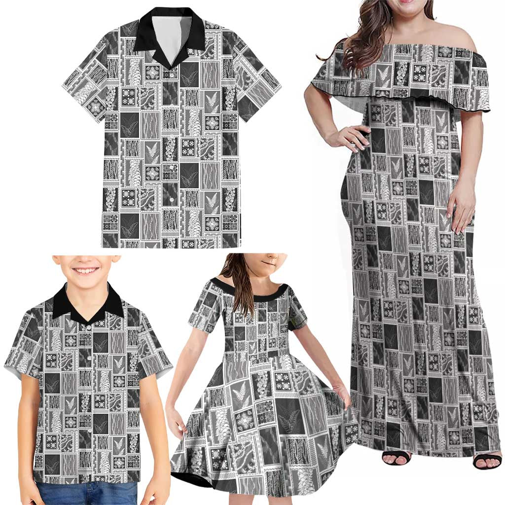 Vintage Aloha Block Quilt Family Matching Off Shoulder Maxi Dress and Hawaiian Shirt Black Inspired Lei Motifs LT9 - Polynesian Pride