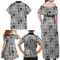 Vintage Aloha Block Quilt Family Matching Off Shoulder Maxi Dress and Hawaiian Shirt Black Inspired Lei Motifs LT9 - Polynesian Pride