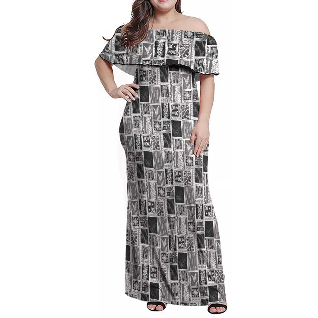 Vintage Aloha Block Quilt Family Matching Off Shoulder Maxi Dress and Hawaiian Shirt Black Inspired Lei Motifs LT9 Mom's Dress Black - Polynesian Pride