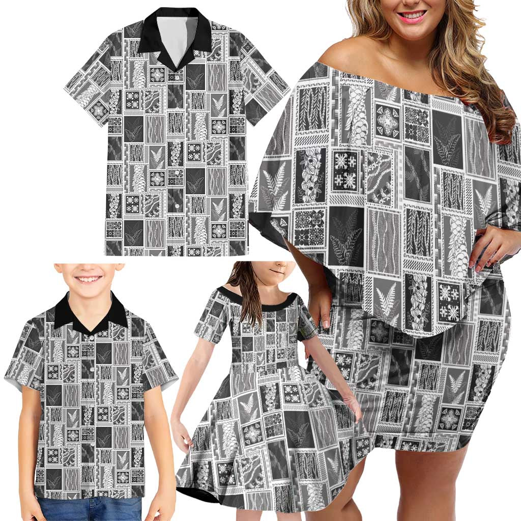 Vintage Aloha Block Quilt Family Matching Off Shoulder Short Dress and Hawaiian Shirt Black Inspired Lei Motifs - Polynesian Pride