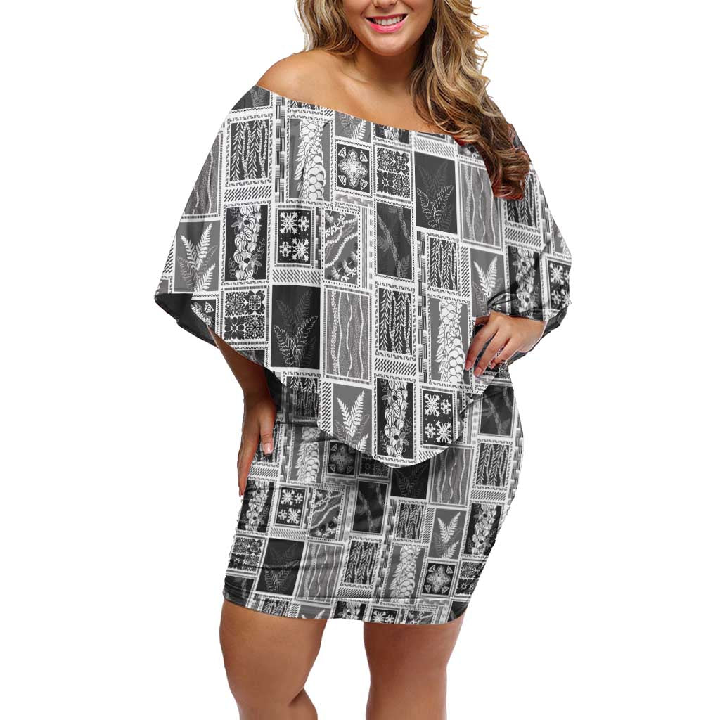 Vintage Aloha Block Quilt Family Matching Off Shoulder Short Dress and Hawaiian Shirt Black Inspired Lei Motifs LT9 Mom's Dress Black - Polynesian Pride