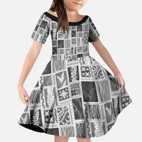Vintage Aloha Block Quilt Family Matching Puletasi and Hawaiian Shirt Black Inspired Lei Motifs LT9 Daughter's Dress Black - Polynesian Pride