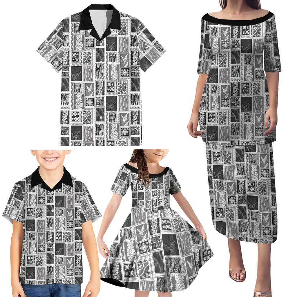 Vintage Aloha Block Quilt Family Matching Puletasi and Hawaiian Shirt Black Inspired Lei Motifs - Polynesian Pride