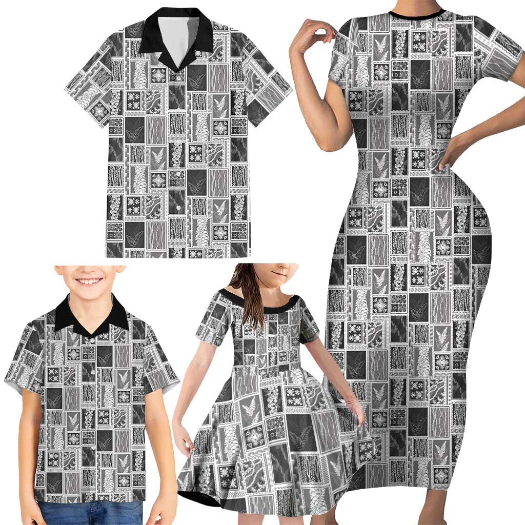 Vintage Aloha Block Quilt Family Matching Short Sleeve Bodycon Dress and Hawaiian Shirt Black Inspired Lei Motifs LT9 - Polynesian Pride