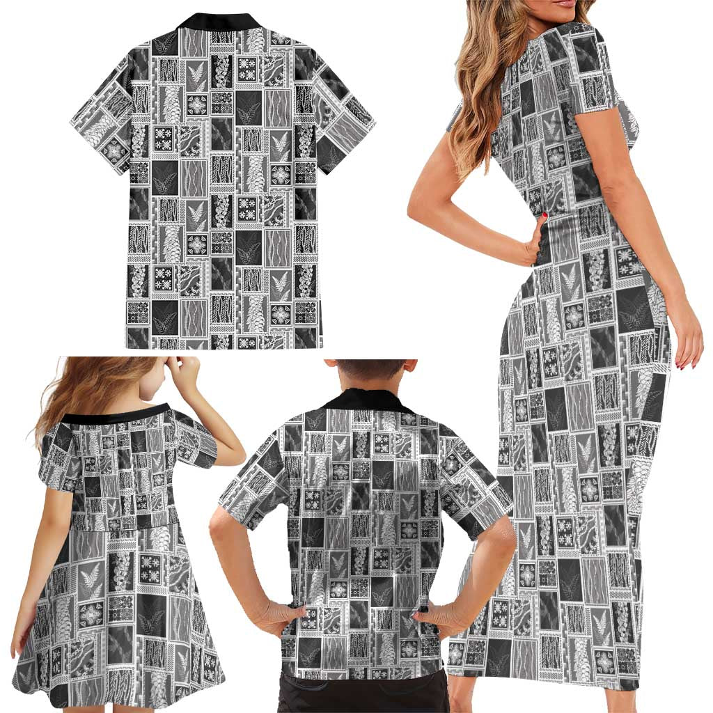 Vintage Aloha Block Quilt Family Matching Short Sleeve Bodycon Dress and Hawaiian Shirt Black Inspired Lei Motifs LT9 - Polynesian Pride