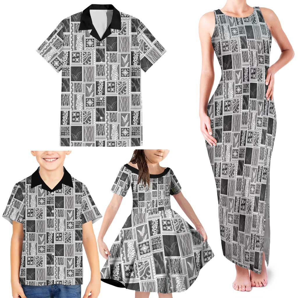 Vintage Aloha Block Quilt Family Matching Tank Maxi Dress and Hawaiian Shirt Black Inspired Lei Motifs - Polynesian Pride