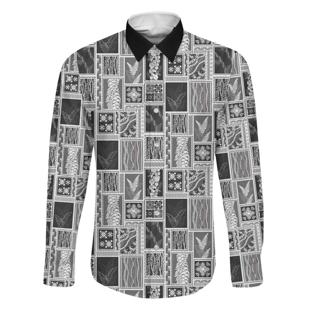 Vintage Aloha Block Quilt Family Matching Tank Maxi Dress and Hawaiian Shirt Black Inspired Lei Motifs LT9 Dad's Shirt - Long Sleeve Black - Polynesian Pride