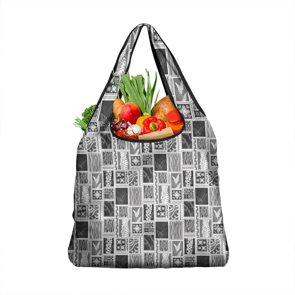 Vintage Aloha Block Quilt Grocery Bag Black Inspired Lei Motifs - Polynesian Pride