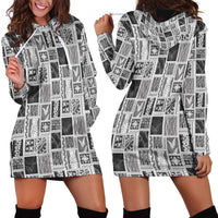 Vintage Aloha Block Quilt Hoodie Dress Black Inspired Lei Motifs LT9 - Polynesian Pride