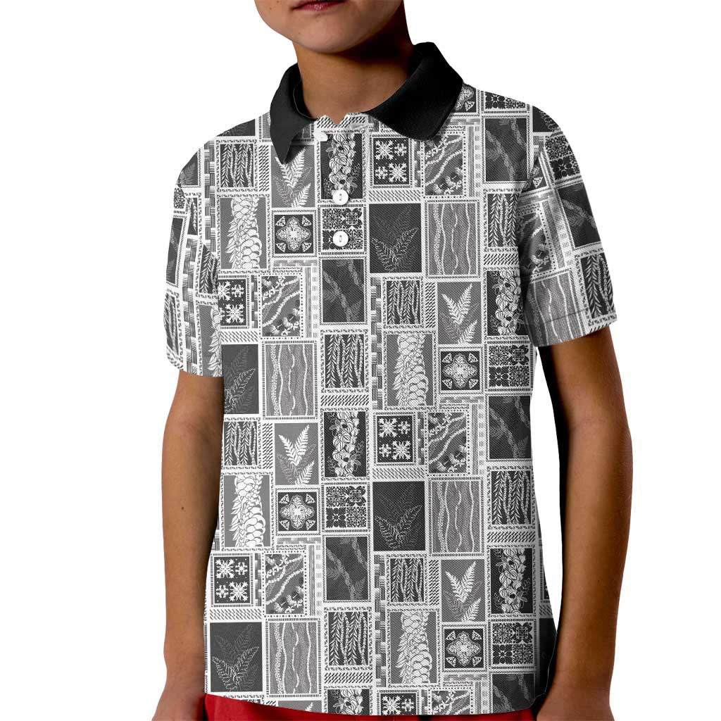 Vintage Aloha Block Quilt Kid Polo Shirt Black Inspired Lei Motifs - Polynesian Pride