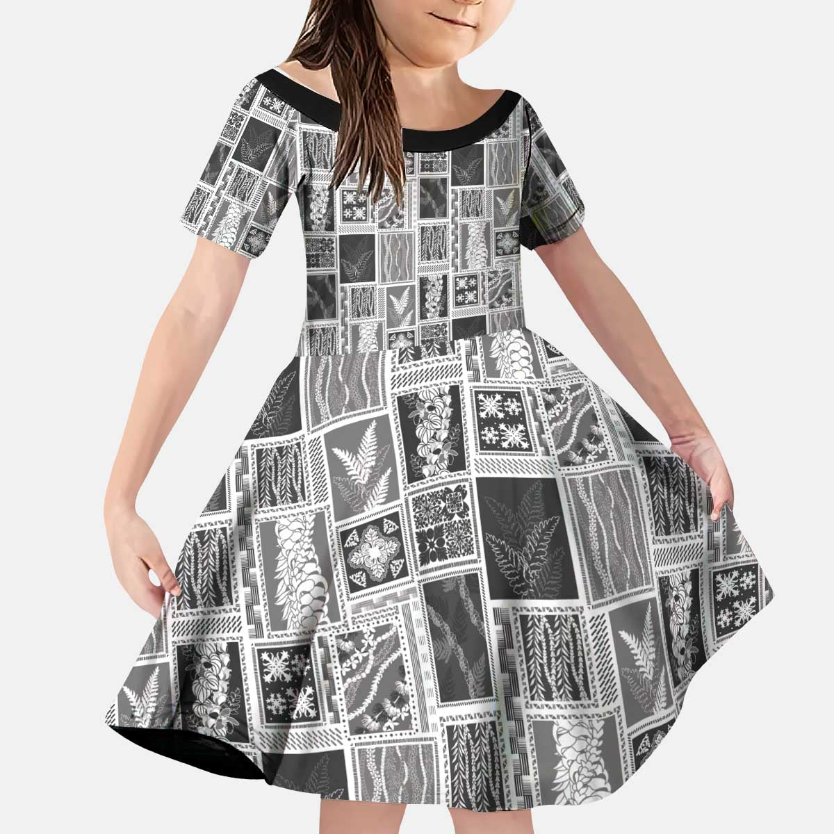 Vintage Aloha Block Quilt Kid Short Sleeve Dress Black Inspired Lei Motifs - Polynesian Pride