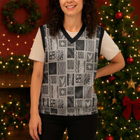 Vintage Aloha Block Quilt Christmas Knitted V-Neck Vest Black Inspired Lei Motifs LT9 - Polynesian Pride