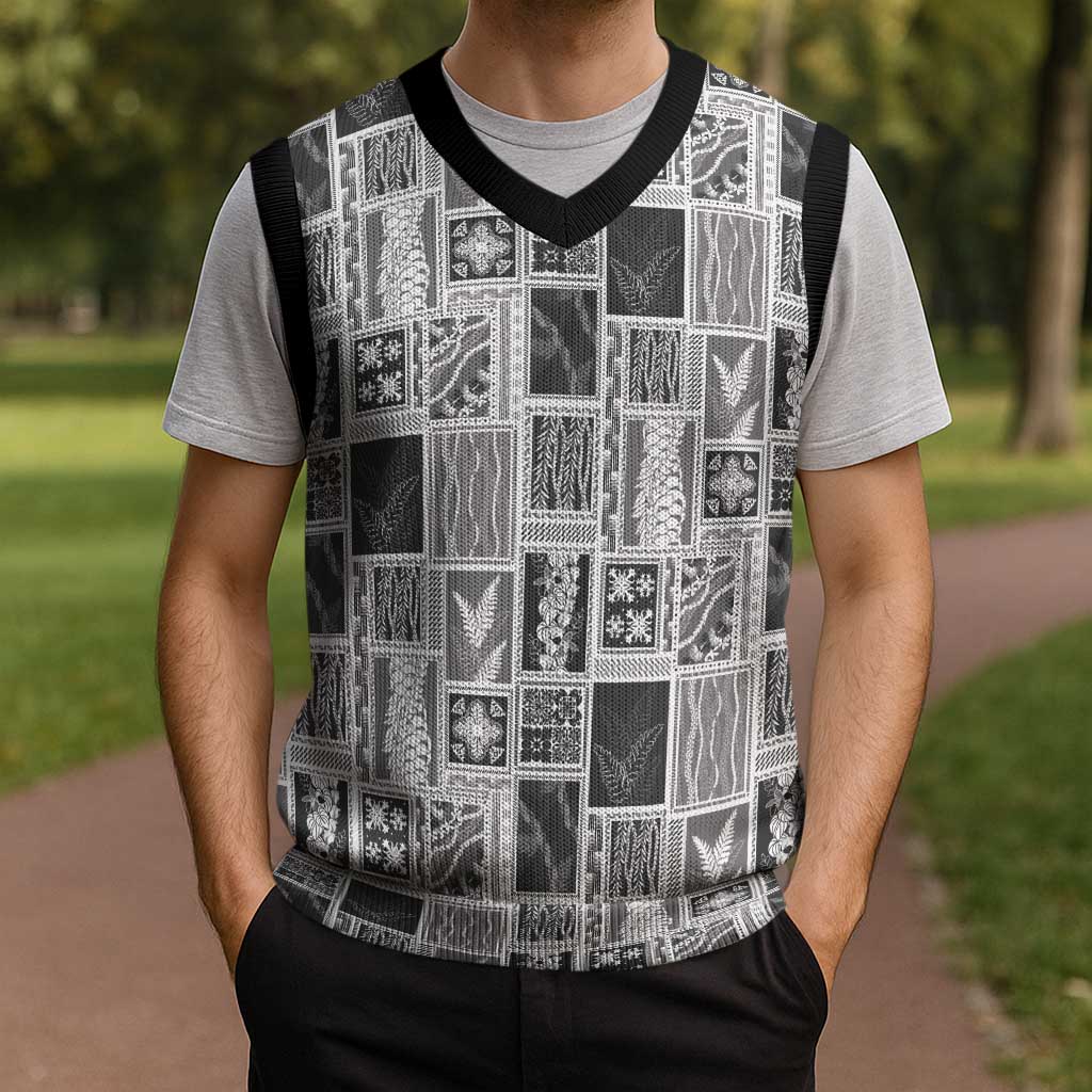 Vintage Aloha Block Quilt Christmas Knitted V-Neck Vest Black Inspired Lei Motifs LT9 - Polynesian Pride