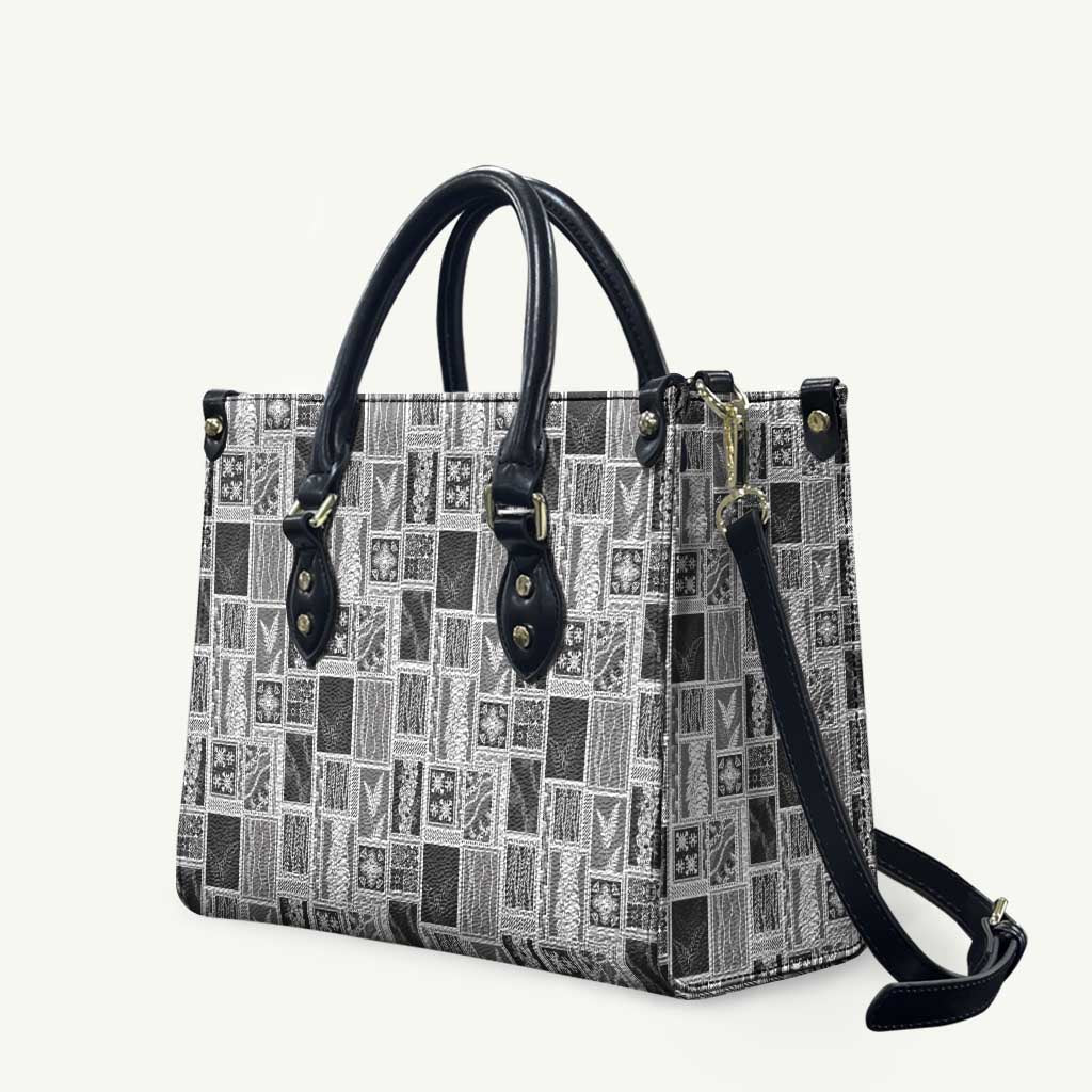 Vintage Aloha Block Quilt Leather Bag Black Inspired Lei Motifs - Polynesian Pride