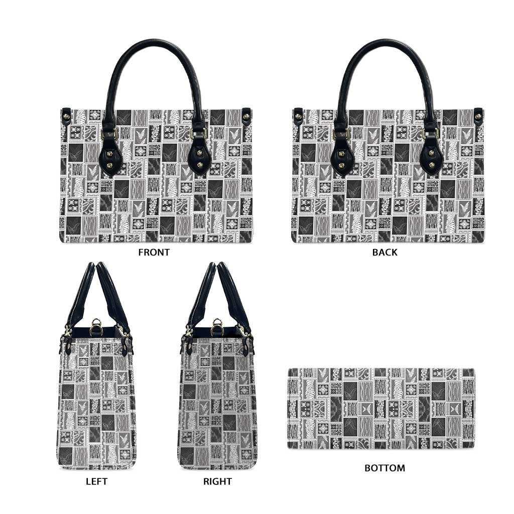 Vintage Aloha Block Quilt Leather Bag Black Inspired Lei Motifs - Polynesian Pride