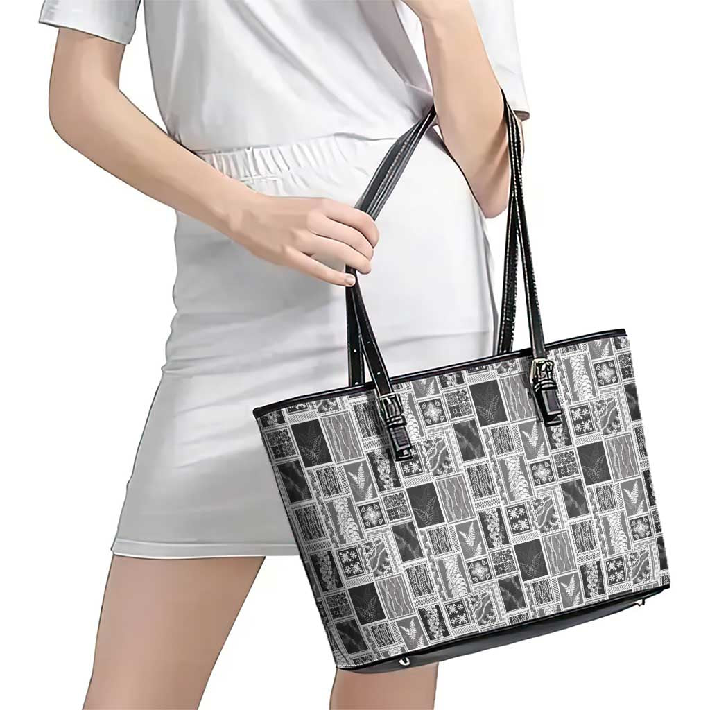 Vintage Aloha Block Quilt Leather Tote Bag Black Inspired Lei Motifs - Polynesian Pride