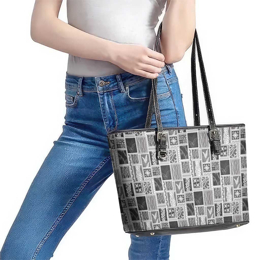 Vintage Aloha Block Quilt Leather Tote Bag Black Inspired Lei Motifs - Polynesian Pride