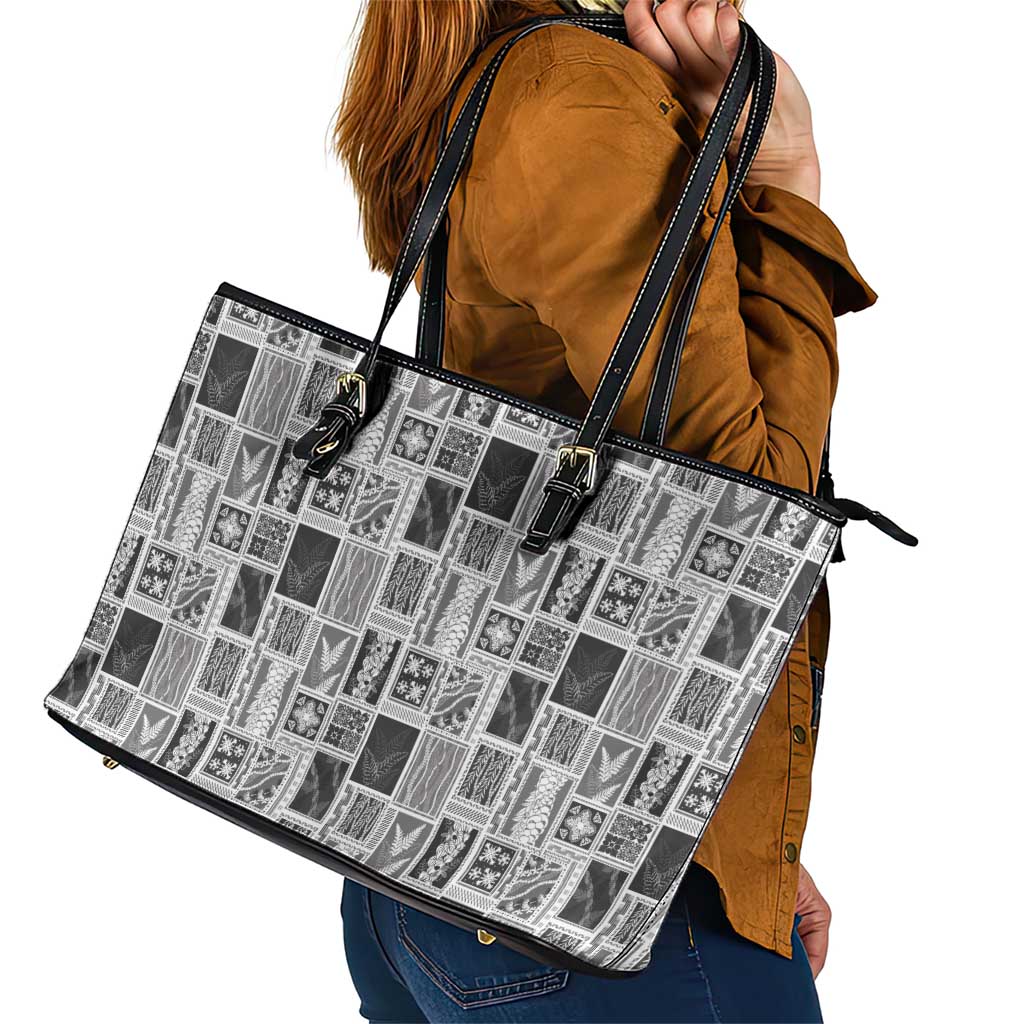 Vintage Aloha Block Quilt Leather Tote Bag Black Inspired Lei Motifs - Polynesian Pride