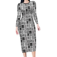 Vintage Aloha Block Quilt Long Sleeve Bodycon Dress Black Inspired Lei Motifs LT9 Long Dress Black - Polynesian Pride
