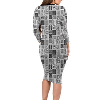 Vintage Aloha Block Quilt Long Sleeve Bodycon Dress Black Inspired Lei Motifs LT9 - Polynesian Pride