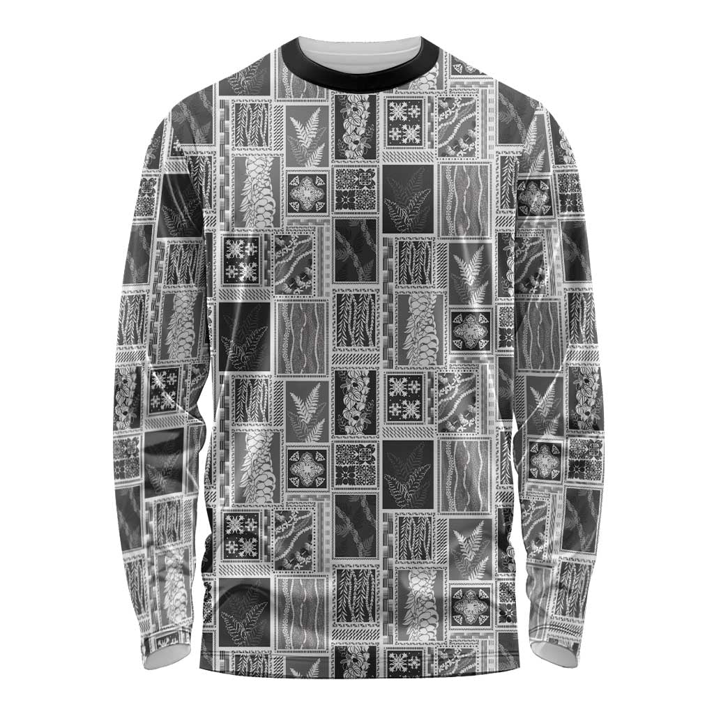 Vintage Aloha Block Quilt Long Sleeve Shirt Black Inspired Lei Motifs - Polynesian Pride