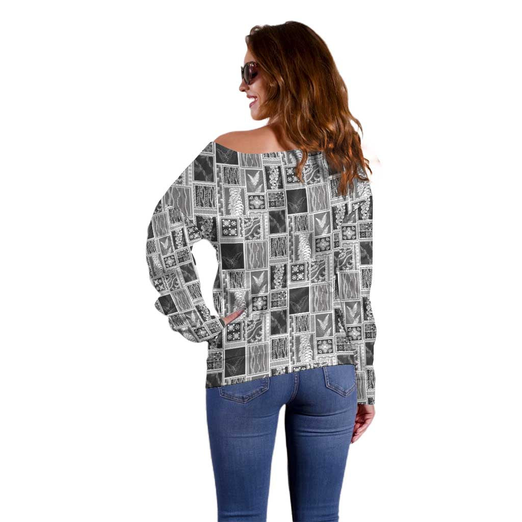 Vintage Aloha Block Quilt Off Shoulder Sweater Black Inspired Lei Motifs - Polynesian Pride