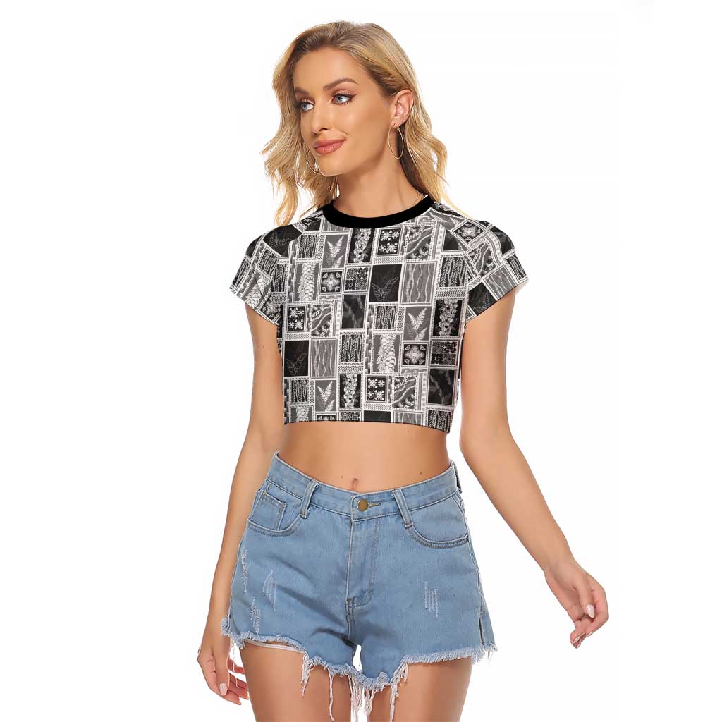 Vintage Aloha Block Quilt Raglan Cropped T Shirt Black Inspired Lei Motifs - Polynesian Pride
