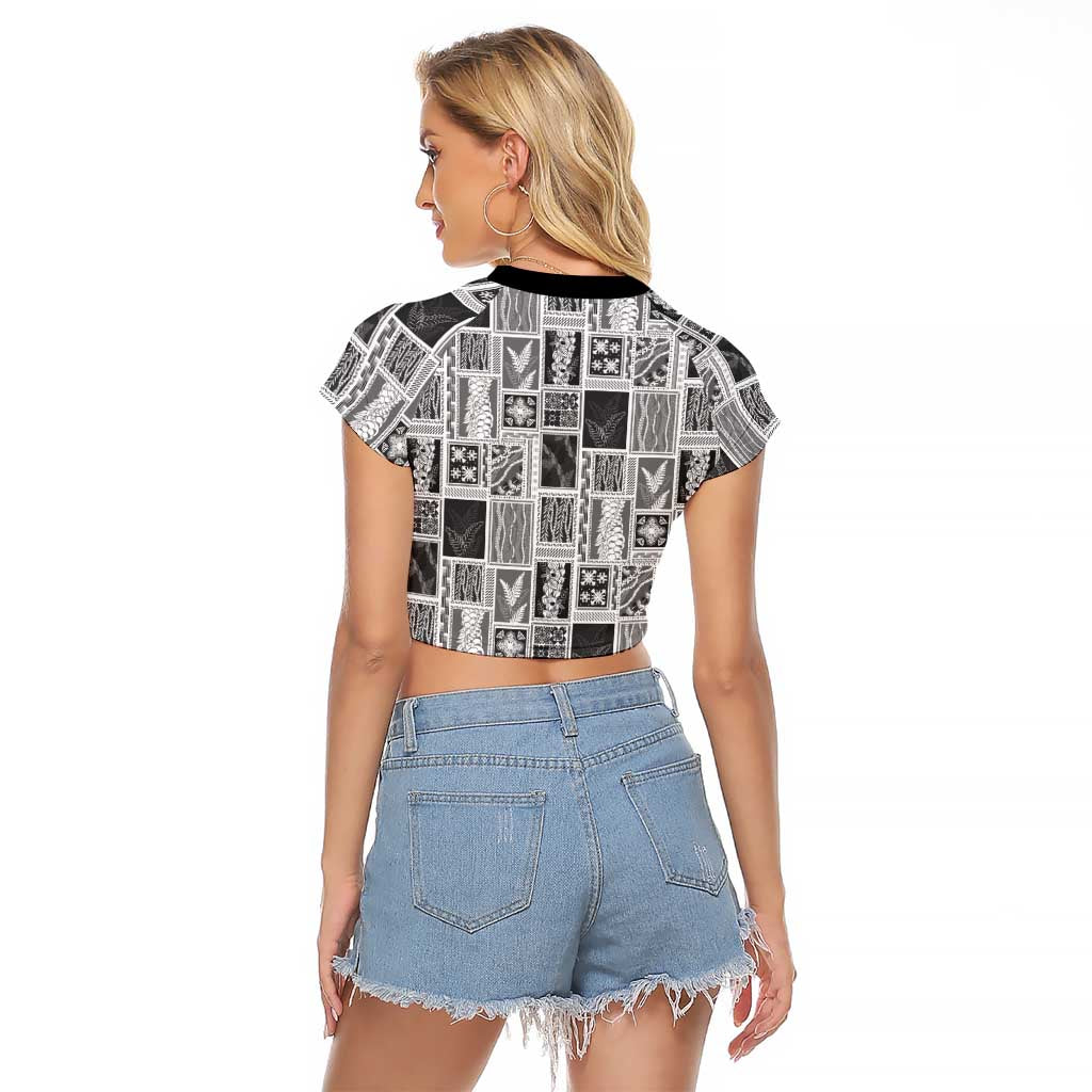 Vintage Aloha Block Quilt Raglan Cropped T Shirt Black Inspired Lei Motifs - Polynesian Pride