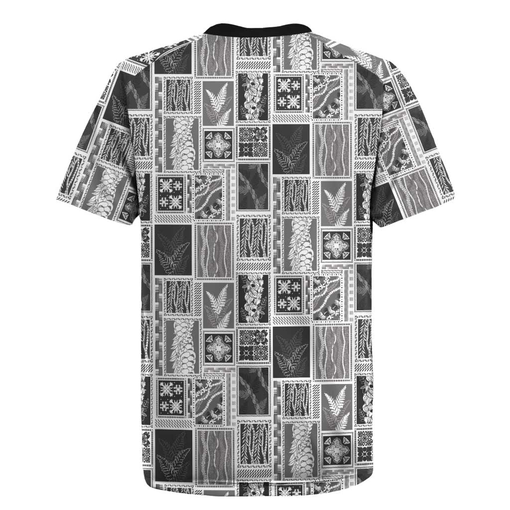 Vintage Aloha Block Quilt Rugby Jersey Black Inspired Lei Motifs - Polynesian Pride