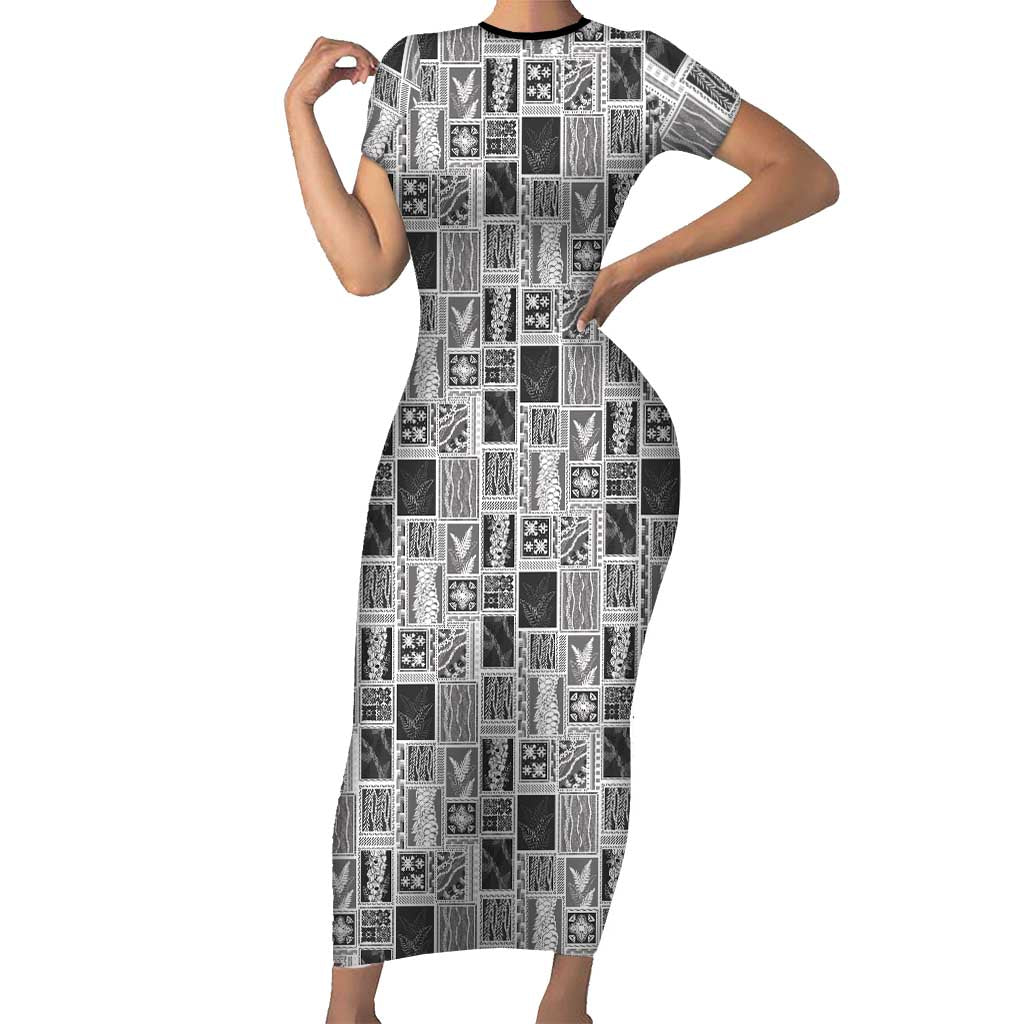 Vintage Aloha Block Quilt Short Sleeve Bodycon Dress Black Inspired Lei Motifs - Polynesian Pride