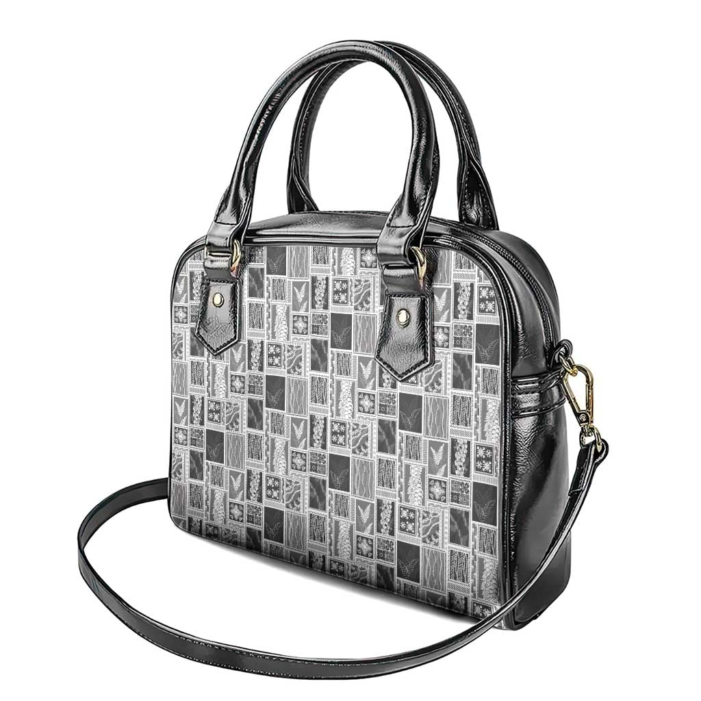 Vintage Aloha Block Quilt Shoulder Handbag Black Inspired Lei Motifs - Polynesian Pride