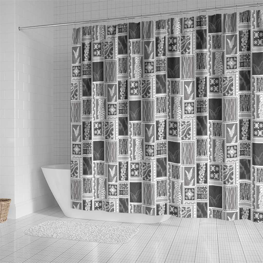 Vintage Aloha Block Quilt Shower Curtain Black Inspired Lei Motifs - Polynesian Pride