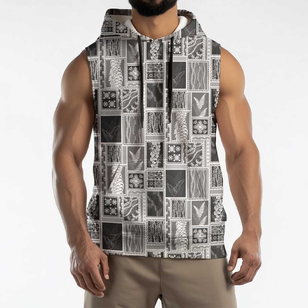 Vintage Aloha Block Quilt Sleeveless Hoodie Black Inspired Lei Motifs LT9 - Polynesian Pride