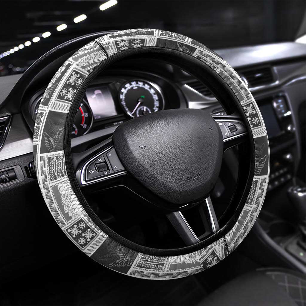 Vintage Aloha Block Quilt Steering Wheel Cover Black Inspired Lei Motifs LT9 Universal Fit Black - Polynesian Pride