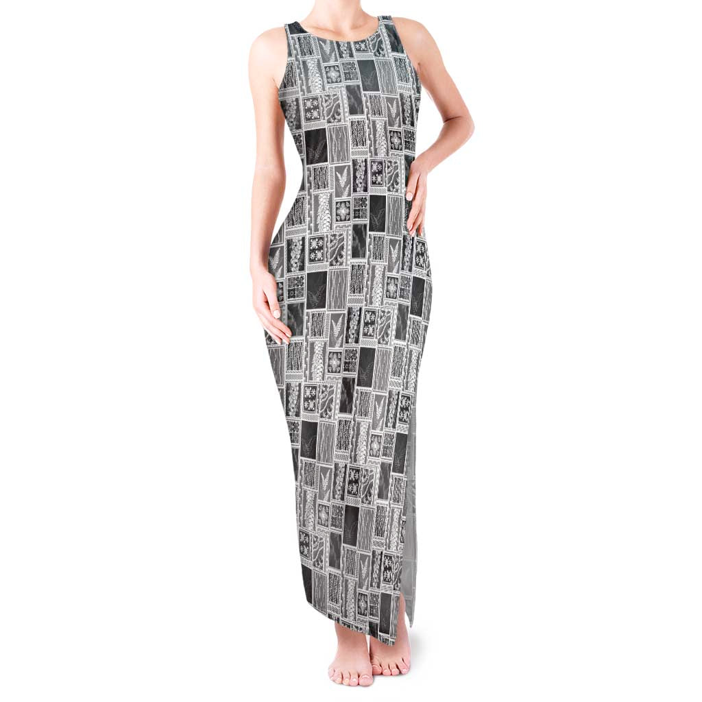 Vintage Aloha Block Quilt Tank Maxi Dress Black Inspired Lei Motifs - Polynesian Pride